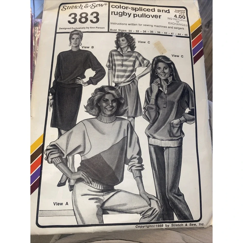Stretch & Sew 383 Vintage 1980s Color Spliced Rugby Pullover Sewing Pattern Cut